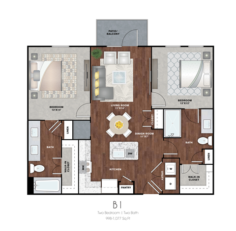 Floor plan for 2 beds, 2 baths, 1046 sqft